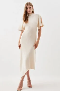 Karen Millen Viscose Blend Angel Sleeve Rib Knitted Midaxi Dress ivory Outlet