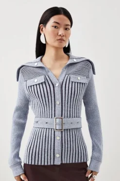 Karen Millen Viscose Blend Belted Utility Chambray Rib Knit Cardigan blue New