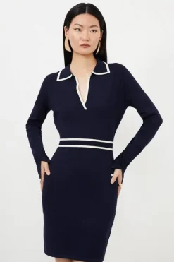Karen Millen Viscose Blend Collared Knitted Mini Dress navy Sale