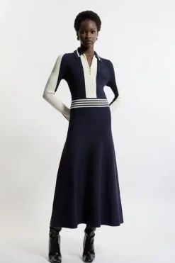 Karen Millen Viscose Blend Color Block Knit Midaxi Dress navy Hot