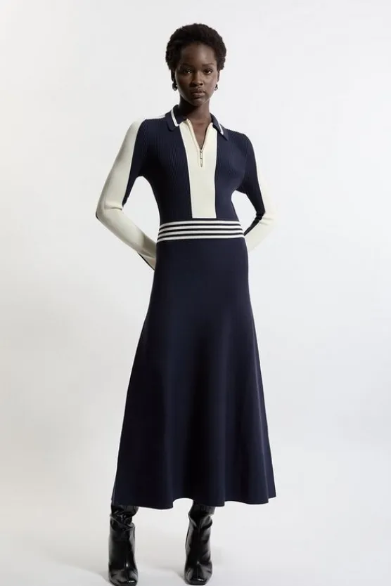 Karen Millen Viscose Blend Color Block Knit Midaxi Dress navy Hot