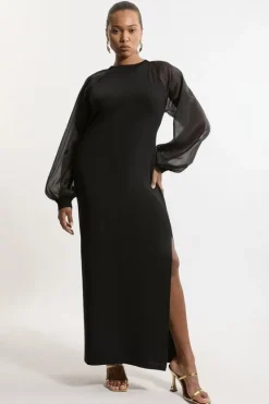 Karen Millen Viscose Blend Compact Knit Chiffon Sleeve Maxi Dress black Sale