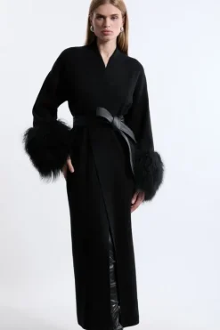 Karen Millen Viscose Blend Compact Knit Shealing Cuff Belted Coatigan black New