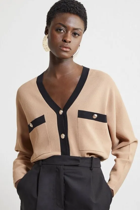 Karen Millen Viscose Blend Contrast Knit Boxy Cardigan camel Outlet