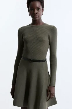 Karen Millen Viscose Blend Crew Neck Knitted Skater Dress khaki Fashion
