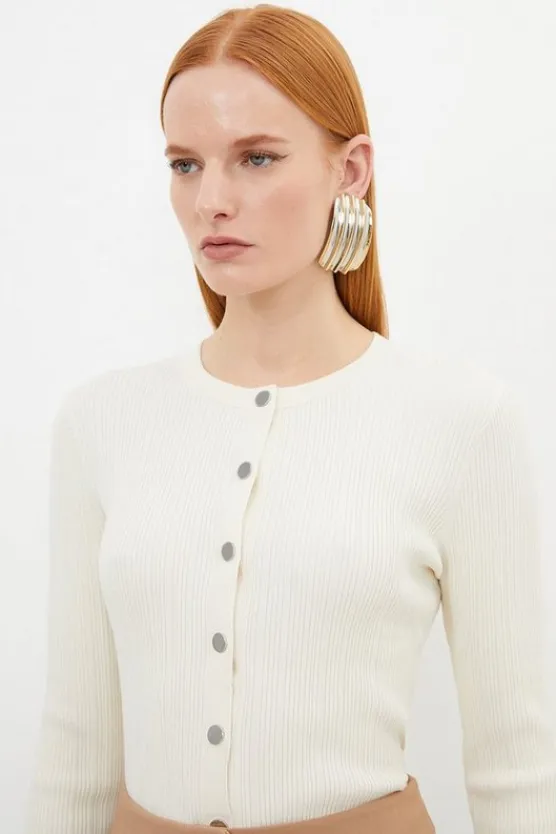 Karen Millen Viscose Blend Dry Handle Rib Button Through Knit Cardigan ivory Sale