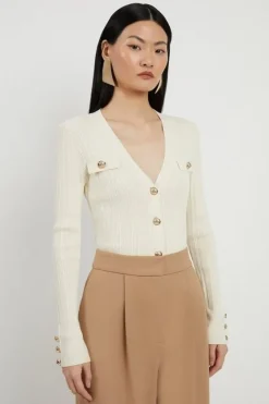 Karen Millen Viscose Blend Dry Handle Rib Military Trim Cardigan cream Online