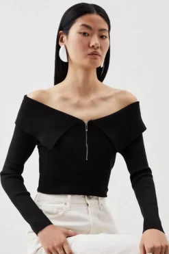 Karen Millen Viscose Blend Front Zip Off The Shoulder Longline Sweater black Best
