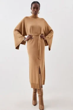 Karen Millen Viscose Blend Funnel Neck Belted Knitted Midi Dress camel Clearance