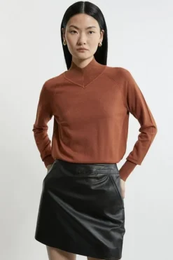 Karen Millen Viscose Blend High Neck Knit Sweater toffee Discount