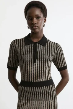 Karen Millen Viscose Blend Jacquard Knit Polo Top camel New
