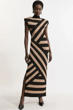 Karen Millen Viscose Blend Jacquard Stripe Power Shoulder Knit Midaxi Dress camel Fashion