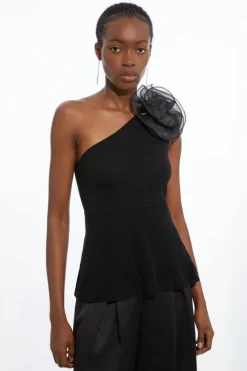 Karen Millen Viscose Blend Knit Asymmetric Peplum Top black Outlet