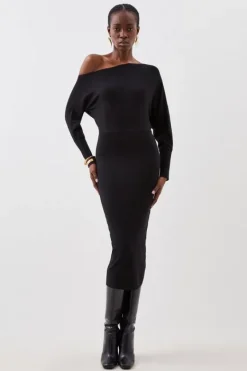 Karen Millen Viscose Blend Knit Asymmetric Neck Midi Dress black Outlet