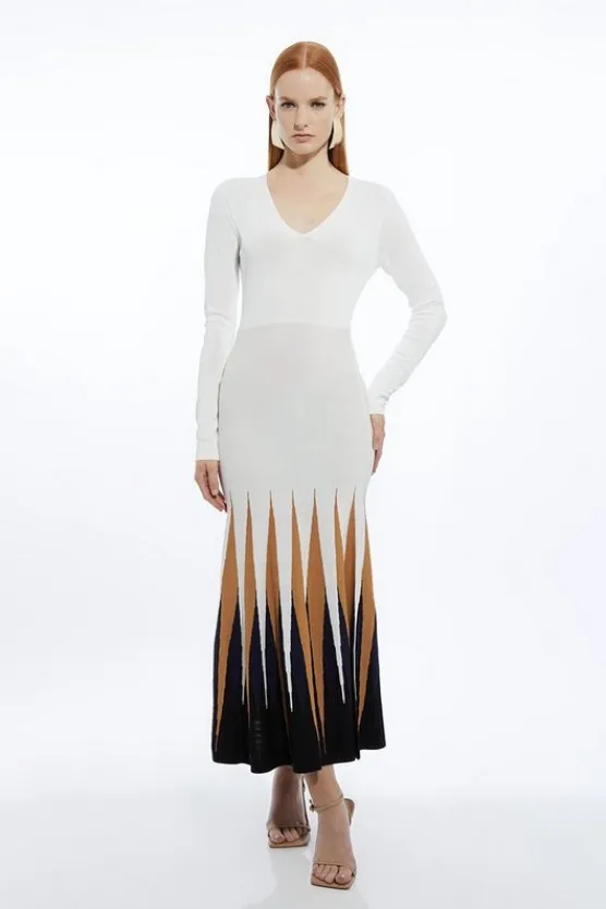 Karen Millen Viscose Blend Knit Color Block Hem Detail Maxi Dress cream Online