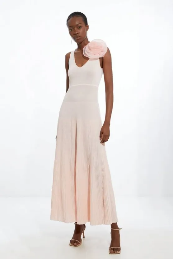 Karen Millen Viscose Blend Knit Corsage Detail Maxi Dress blush Hot