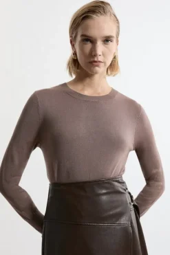 Karen Millen Viscose Blend Knit Crew Neck Sweater mink Online