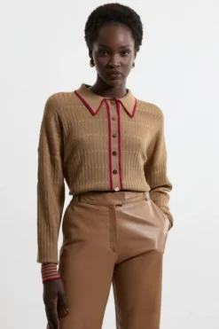 Karen Millen Viscose Blend Knit Preppy Stitch Detail Cardigan camel Discount