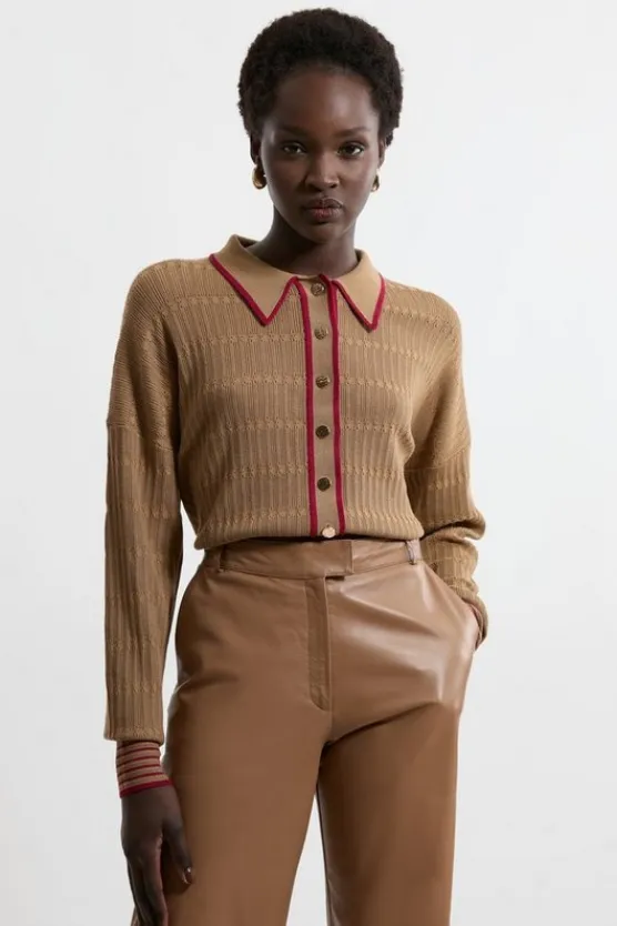 Karen Millen Viscose Blend Knit Preppy Stitch Detail Cardigan camel Discount