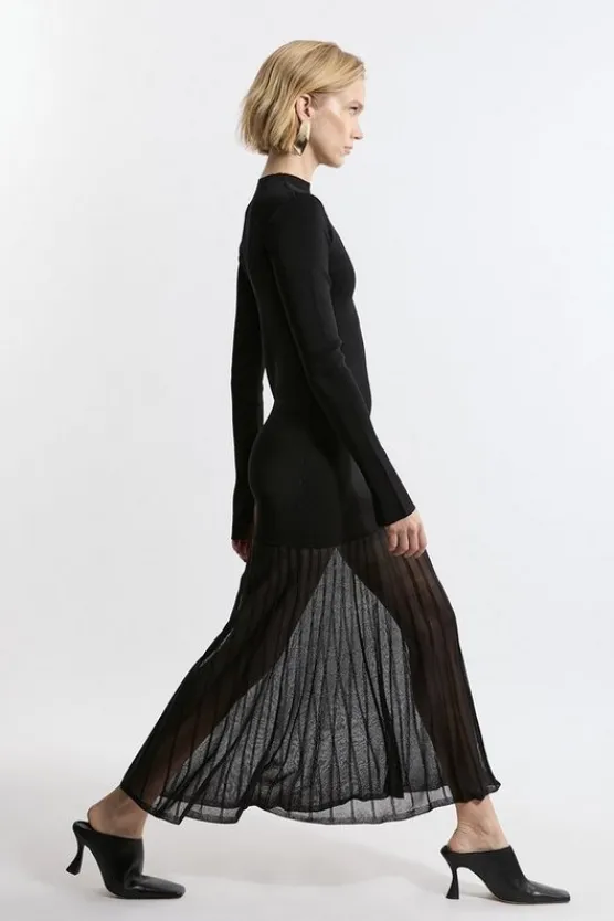 Karen Millen Viscose Blend Knit Sheer Skirt Maxi Dress black Clearance