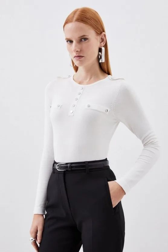 Karen Millen Viscose Blend Knitted Button Detail Sweater ivory New