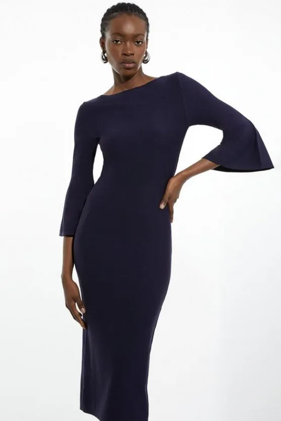 Karen Millen Viscose Blend Look Knit Midi Dress With Fluted Sleeve navy Sale