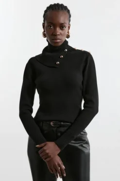 Karen Millen Viscose Blend Military Trim Envelope Neck Knit Sweater black Clearance
