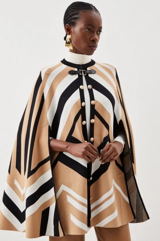 Karen Millen Viscose Blend Military Trim Knitted Cape camel Discount