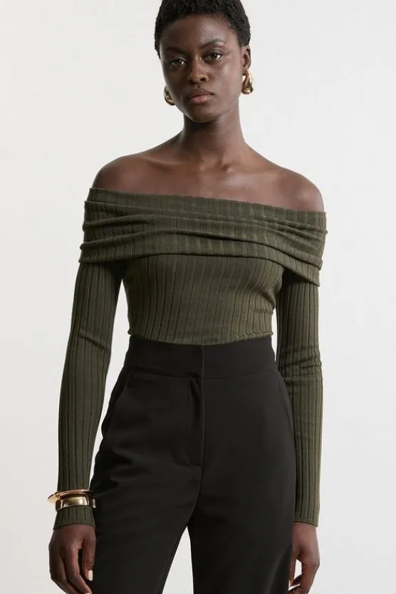 Karen Millen Viscose Blend Off The Shoulder Knit Sweater olive New