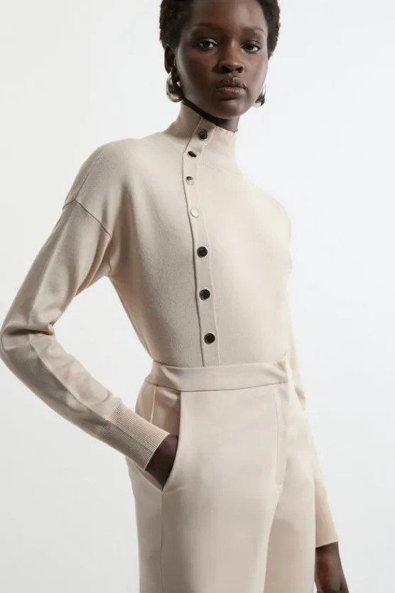 Karen Millen Viscose Blend Popper Detail Knit Sweater stone Hot