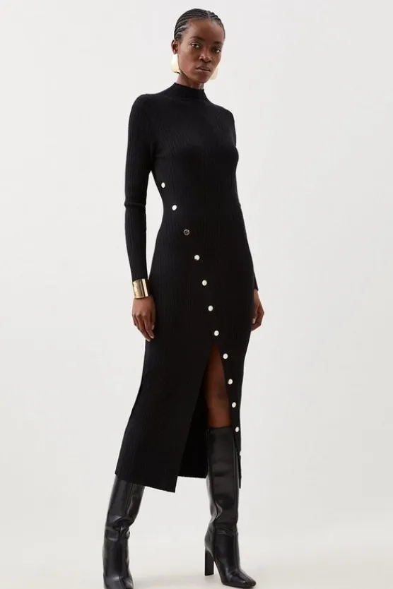 Karen Millen Viscose Blend Popper Detail Split Knit Midaxi Dress black Outlet