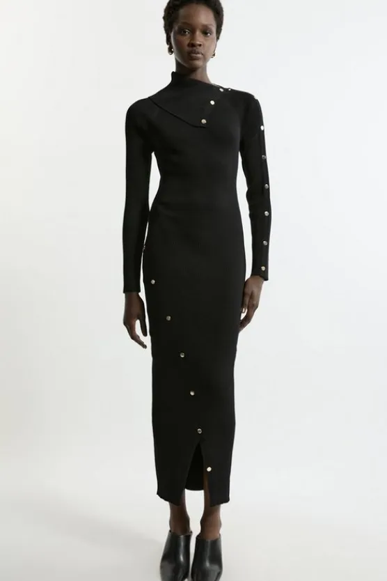 Karen Millen Viscose Blend Rib Envelope Neck Knit Midi Dress black Discount