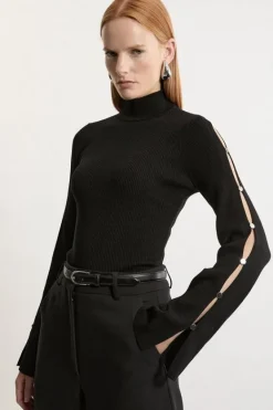 Karen Millen Viscose Blend Rib Knit Button Detail Top black Sale