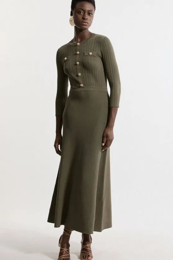 Karen Millen Viscose Blend Rib Knit Military Sleeveless Midaxi Dress khaki Sale