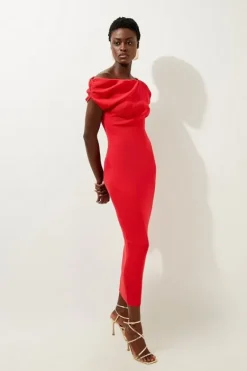 Karen Millen Viscose Blend Rib Knit Off The Shoulder Midaxi Dress firered Clearance