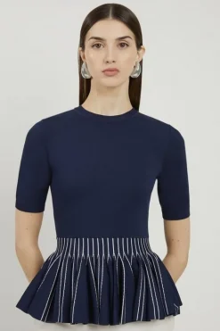 Karen Millen Viscose Blend Rib Knit Peplum Top navy Clearance