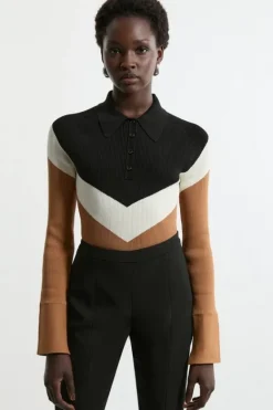 Karen Millen Viscose Blend Rib Knit Polo Top cream Hot