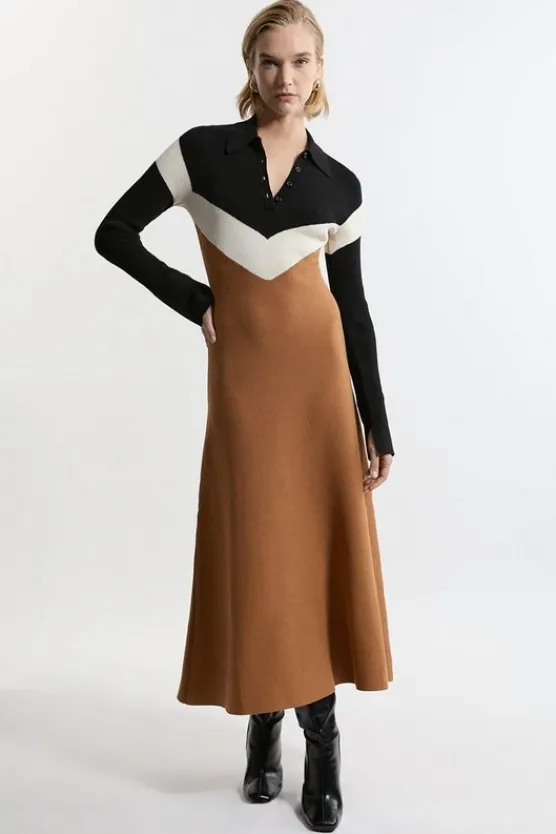 Karen Millen Viscose Blend Rib Knit Polo Top Midaxi Dress camel Sale