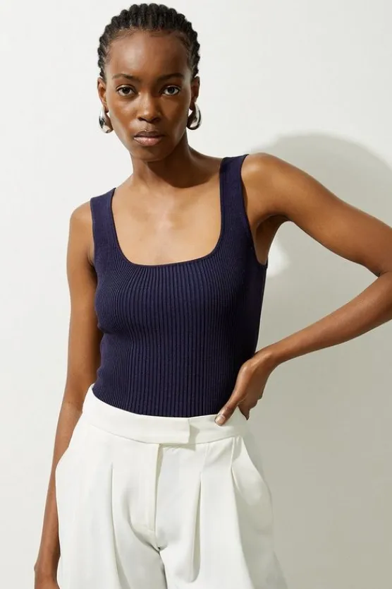 Karen Millen Viscose Blend Rib Knit Square Neck Tank Top navy Sale