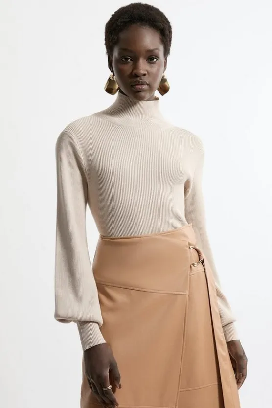 Karen Millen Viscose Blend Rib Knitted Funnel Sweater stone Discount