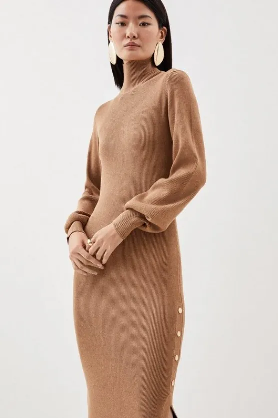 Karen Millen Viscose Blend Rib Knitted Midaxi Dress camel Sale