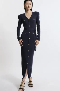 Karen Millen Viscose Blend Rib Military Detail Knit Midaxi Dress navy Clearance