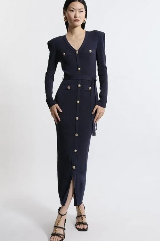 Karen Millen Viscose Blend Rib Military Detail Knit Midaxi Dress navy Clearance