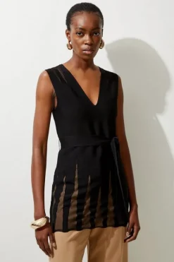 Karen Millen Viscose Blend Sheer Detail Belted Knit Tunic black New