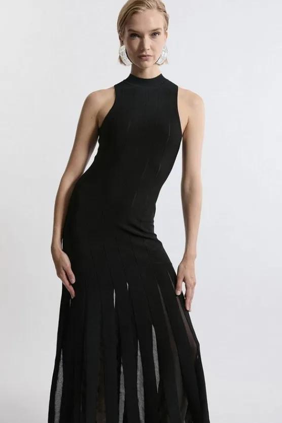 Karen Millen Viscose Blend Sheer Detail Full Skirt Knit Midi Dress black Discount