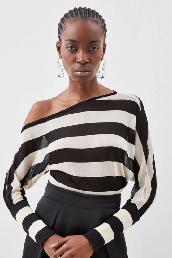 Karen Millen Viscose Blend Sheer Knit Slinky Asymmetric Blouson Top black Clearance