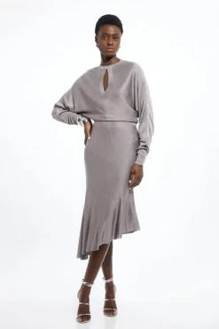 Karen Millen Viscose Blend Slinky Jacquard Asymmetric Knit Midi Dress grey Hot