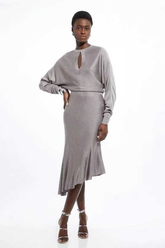 Karen Millen Viscose Blend Slinky Jacquard Asymmetric Knit Midi Dress grey Hot
