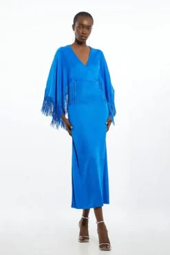 Karen Millen Viscose Blend Slinky Knit Fringed Kimono Sleeve Midaxi Dress cobalt Sale