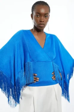 Karen Millen Viscose Blend Slinky Knit Kimono Tassel Top cobalt Clearance